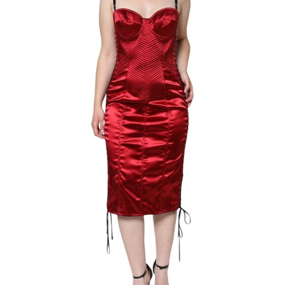 Dolce & Gabbana Red Bustier Corset Lace Bodycon Midi Dress/IT44L/Red